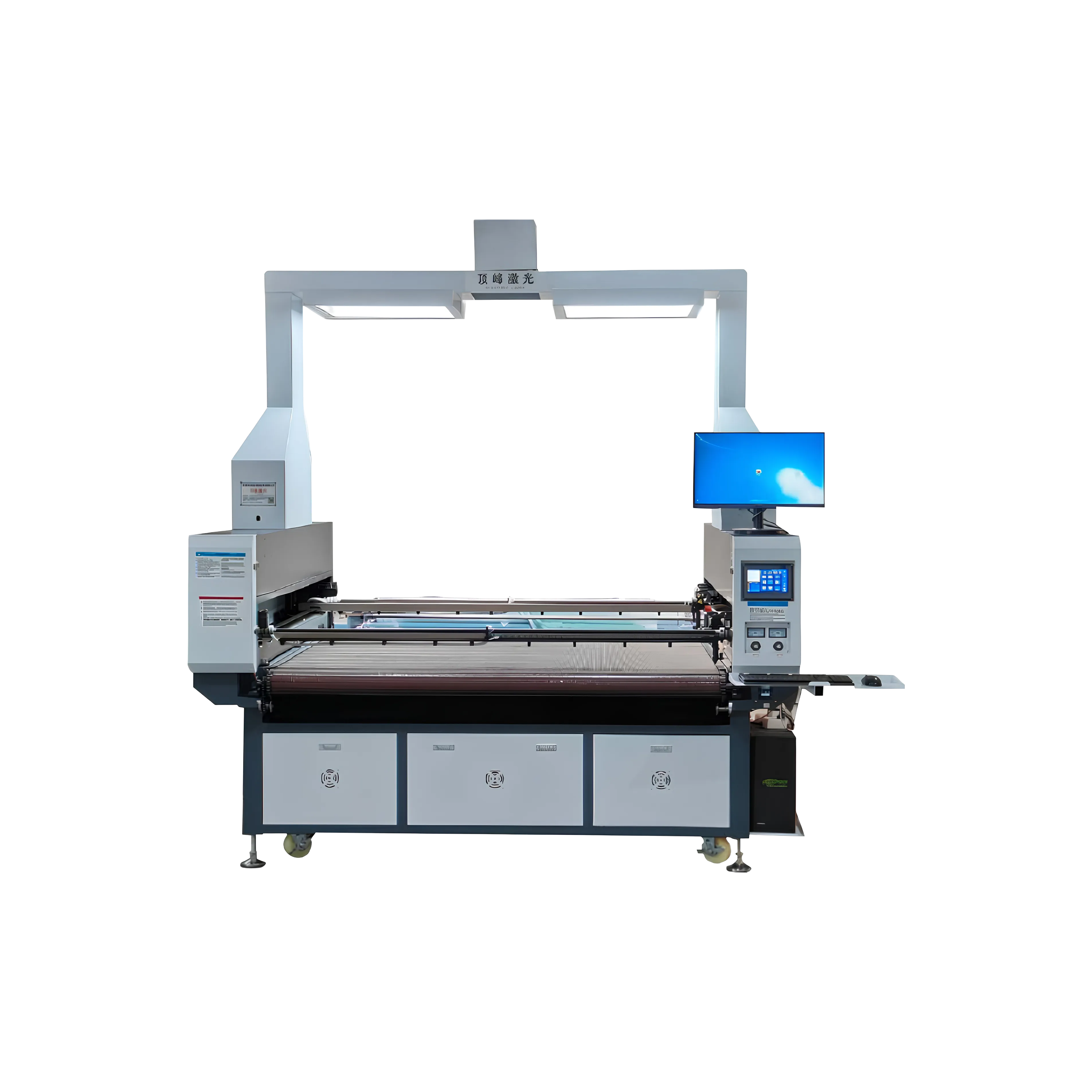 K-Sign KS-1916 Laser Fabric Cutting Machine -- 0-6000 mm/s maximum cutting speed, intelligent vision with automatic material and pattern identification, ultra-high precision arc-shape cutting, 1900x1600mm working area, 150-180W CO2 laser, Canon camera, Stepper Servo Motor transmission, water cooling, for carpet, handbag, T-shirt, throw pillow, and swimwear fabric cutting
